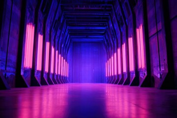 Fototapeta premium Neon-lit corridor with vibrant purple and pink lights, creating a futuristic atmosphere for photography