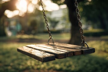 Rustic Wooden Swing Hanging in Park at Sunset
