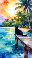 Watercolor cat on a dock by a tropical beach at sunset