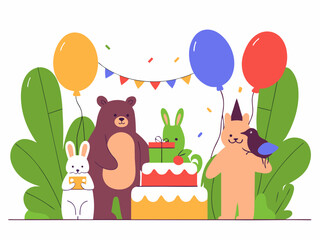 Cute animal birthday party illustration with bear rabbit cake and colorful balloons