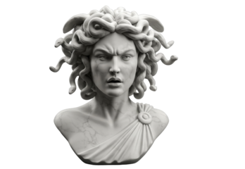 White marble bust of Medusa with snakes as hair isolated on white background
