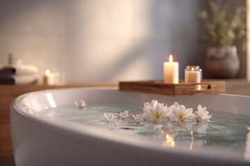 Serene Spa Bathtub with Floating Frangipani Flowers and Glowing Candles