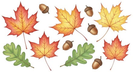 Vibrant Autumn Maple Leaves and Acorns Scattered Across White Background