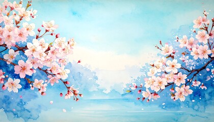 Watercolor cherry blossoms against a light blue sky