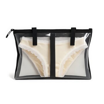 Transparent zippered pouch with two compartments holding white fabric items for organization and travel