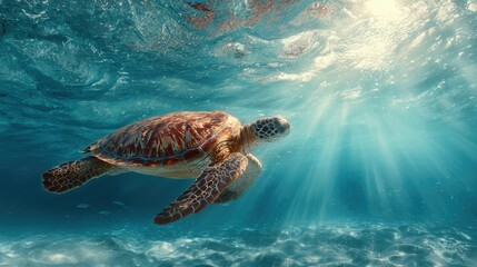 Sea Turtle Swimming Underwater with Sunbeams, Ocean Life.