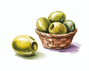 A dreamy watercolor vector illustration of fresh green olives in a rustic basket