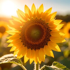 Bright sunflower in a field at golden hour
