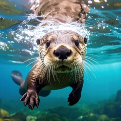 Fototapeta premium Underwater otter close-up in clear water