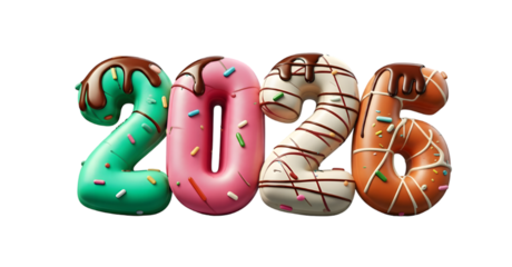 Sweet year 2026 number shaped doughnuts decorated with frosting and drizzle on white background