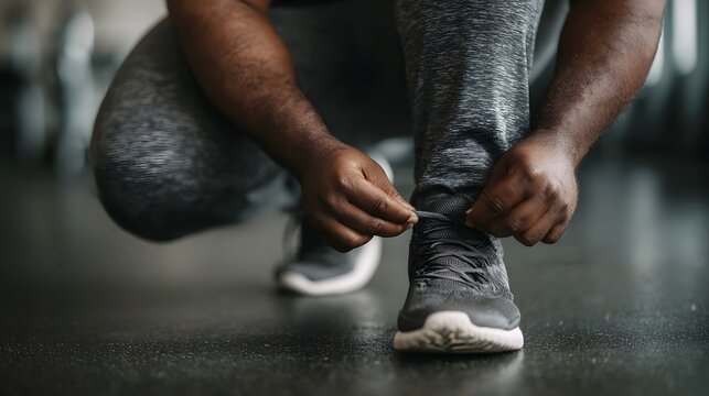 Person tying shoelaces on athletic sneakers preparing for a gym workout - Powered by Adobe