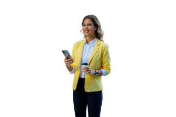 Young businesswoman wearing yellow jacket, holding smartphone and coffee, using wireless earbuds, transparent background