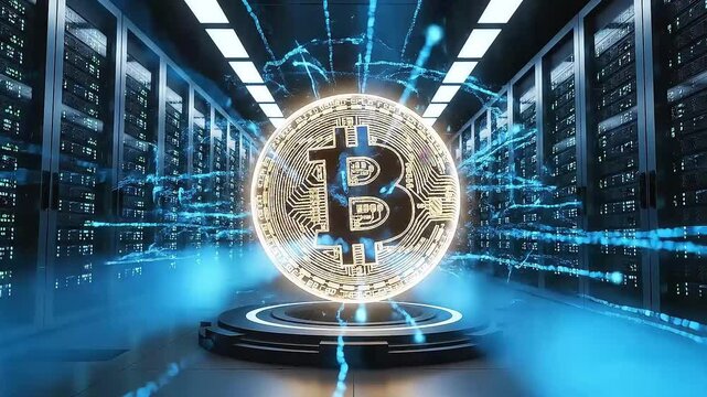 Bitcoin Cryptocurrency in a Server Room.