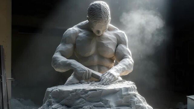 Carve your being: a statue removes excess stone from its own body, illustrating ambition, mental strength, and the disciplined act of becoming one ideal self through persistent refinement