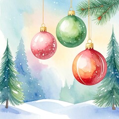 Watercolor Christmas baubles hanging in a snowy landscape