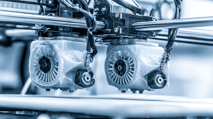 Close-up of dual extruder nozzles on a 3D printer with cooling fans and mechanical components