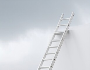 White ladder leaning against a white wall under a cloudy sky
