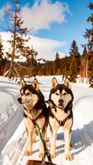 Two huskies on a snowy sled trail