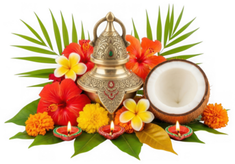 Vibrant kalash arranged with tropical flowers lamps and coconut offering sacred ritual isolated on transparent background