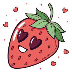 Cartoon strawberry with heart eyes, sweet fruit