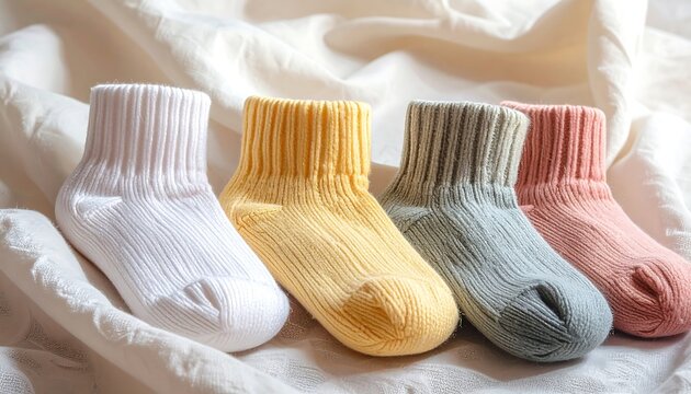 Four pairs of pastel colored socks on a white fabric