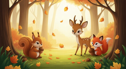 Cute woodland animals in an autumn forest, squirrel with acorns, deer, fox, golden leaves falling, soft sunlight, whimsical fairytale style