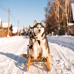 Two husky dogs on a sled in a snowy landscape
