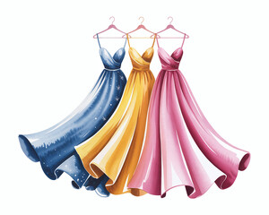 Sophisticated watercolor vector illustration of three vibrant evening gowns on hangers, showcasing elegant fashion
