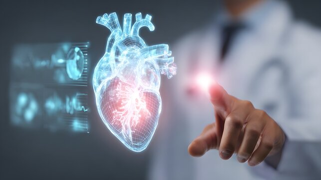 Doctor on blurred background using digital X-ray human heart interface 3D rendering. Doctor in focus, pointing at a glowing holographic 3D human heart with medical data floating, futuristic cardiology - Powered by Adobe