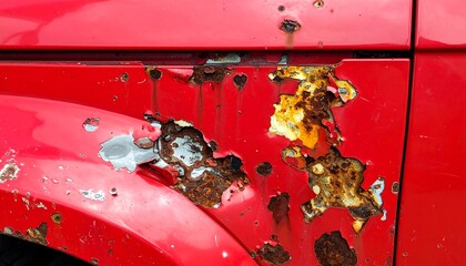 Extensive rust damage on red vehicle panel