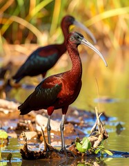 Two ibises wading in shallow water