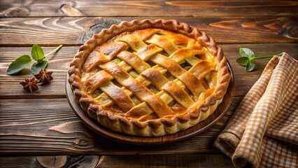 Homemade apple pie on a rustic wooden table