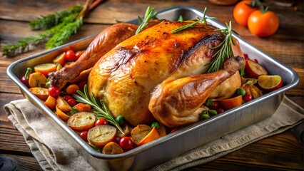 Roasted chicken in a pan with vegetables and herbs