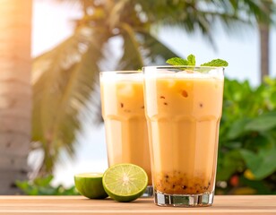 Two iced drinks, passion fruit and lime, on a wooden table, tropical background