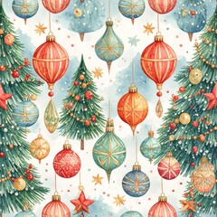Watercolor Christmas pattern with trees and ornaments