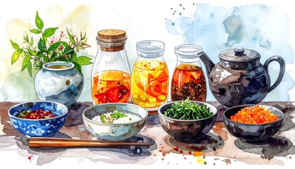 Colorful watercolor illustration of Asian foods and drinks