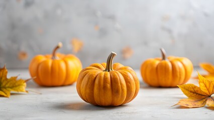 Three orange pumpkins with autumn leaves