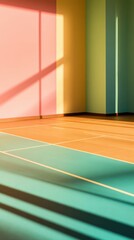 Brightly colored indoor sports hall with unique wall shades and dynamic shadows creating a vibrant atmosphere