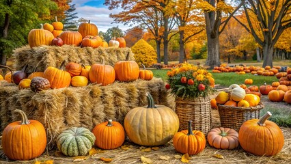 Harvest display of pumpkins and hay bales