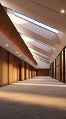 Modern interior of a spacious hall with skylights, wooden accents, and soft lighting, ideal for events