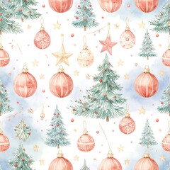 Watercolor Christmas pattern with trees, ornaments, and stars
