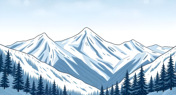 winter mountain cartoon background, snowy landscape, winter scene, mountain illustration, cold season, snow hills, cartoon nature, frozen forest, icy peaks, holiday background, winter sky, frosty weat