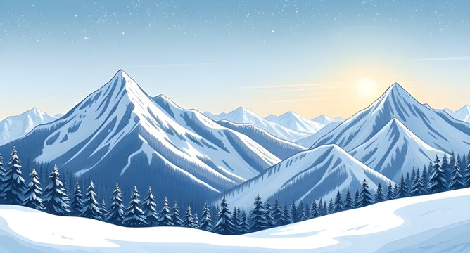 winter mountain cartoon background, snowy landscape, winter scene, mountain illustration, cold season, snow hills, cartoon nature, frozen forest, icy peaks, holiday background, winter sky, frosty weat
