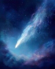 Obraz premium Ethereal Comet Streaking Through Deep Blue Nebula, Sparkling Stars, Cosmic Wonder.