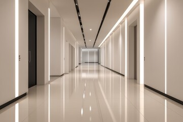 Modern hallway with sleek lighting and polished floors, showcasing a clean, minimalist design
