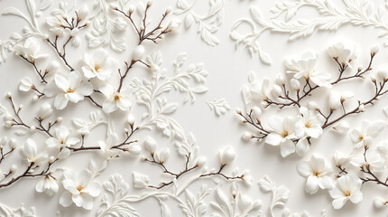Magnolia wallpaper with blooming white flowers. Elegant mural with 3D embossed branches and buds. Abstract botanical illustration for art prints.