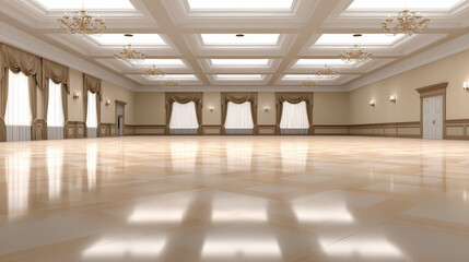Elegant empty ballroom with polished flooring, ornate chandeliers, and natural light streaming in