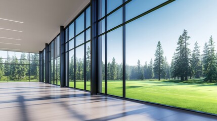 Modern glass-walled interior showcasing a serene forest view, emphasizing nature and tranquility