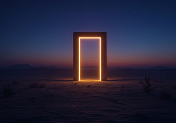Sci-fi illuminated portal on deserted landscape at beautiful starry night