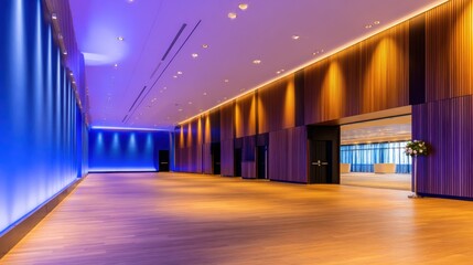 Spacious modern event hall with elegant lighting and wooden accents, ready for gatherings and celebrations